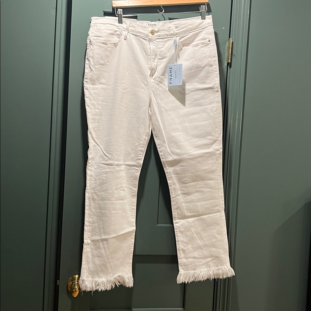 Frame Denim Cream High Waist Jeans Le high straight 34 frayed hem